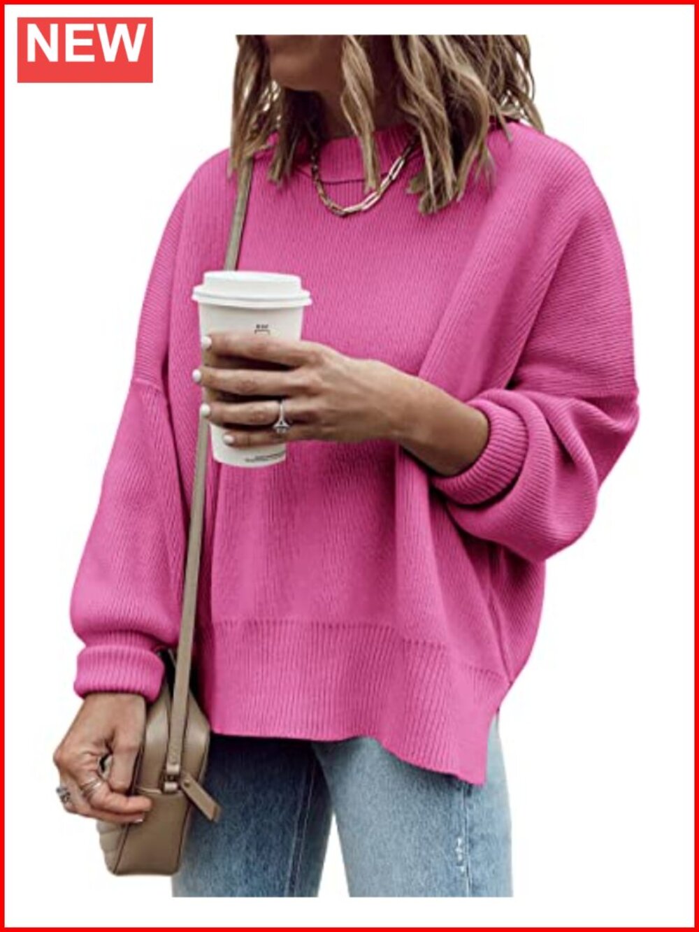 Oversized Tunic Sweater Ribbed Knit Pullover Side Slit Crewneck
